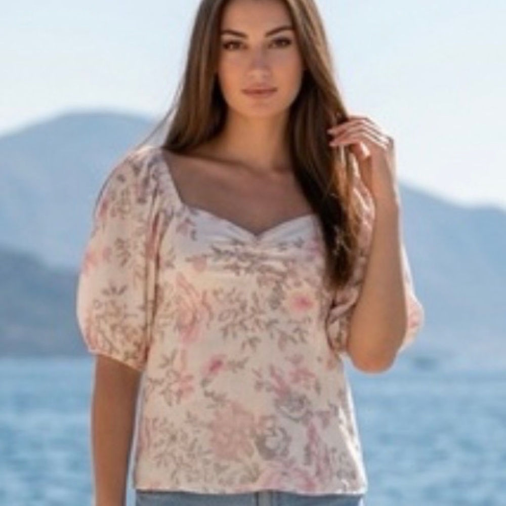 Black Tape Linen Blend Sweetheart Neck Floral Top Large